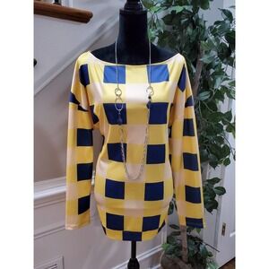 Yellow & Blue Women's 100% Polyester Round Neck Long Sleeve Top Blouse Size L